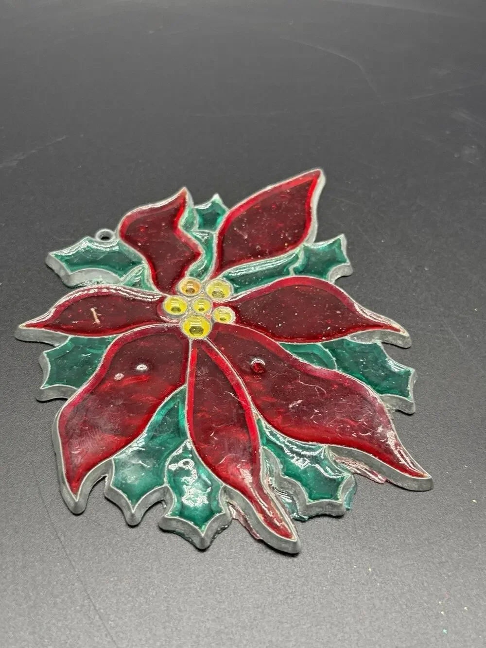 Stained Glass Sun Catcher Poinsettia Red And Green Christmas Vintage